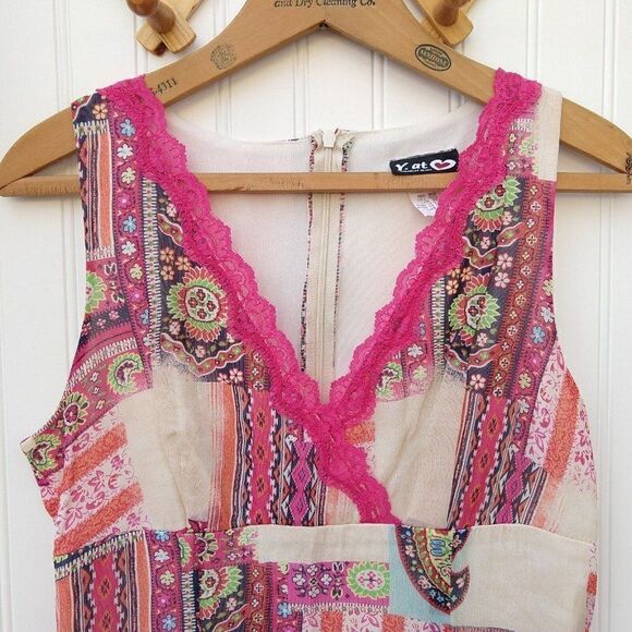 Vtg 90s Y2K Surplice Sheath Dress Size M V Neck Mesh Paisley Print Lace Pink - Picture 2 of 8